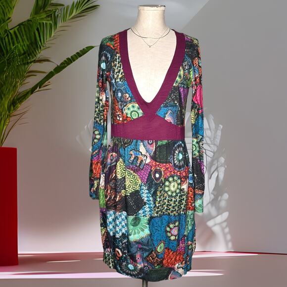 DESIGUAL Cocktail Dress Made in Spain Long Sleeve Tribal Festival Red V-Neck - Picture 11 of 11